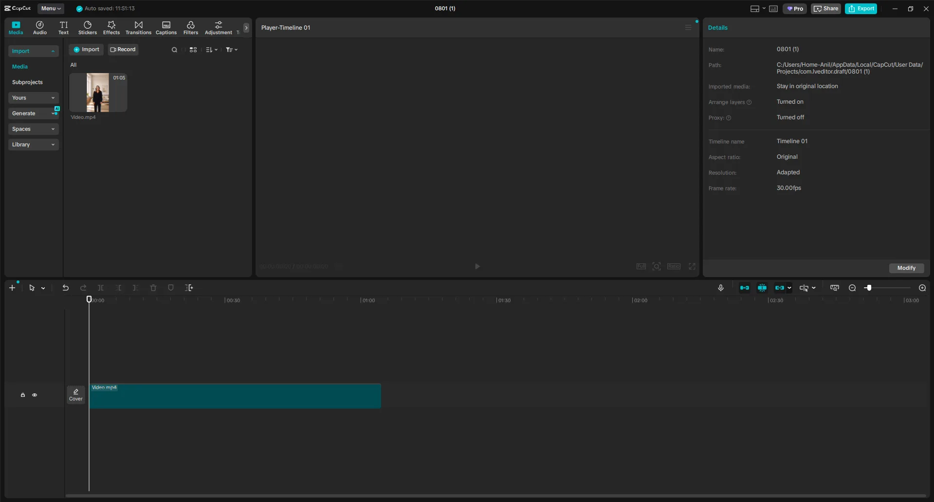 CapCut desktop with a video imported into the Media panel and an empty timeline below