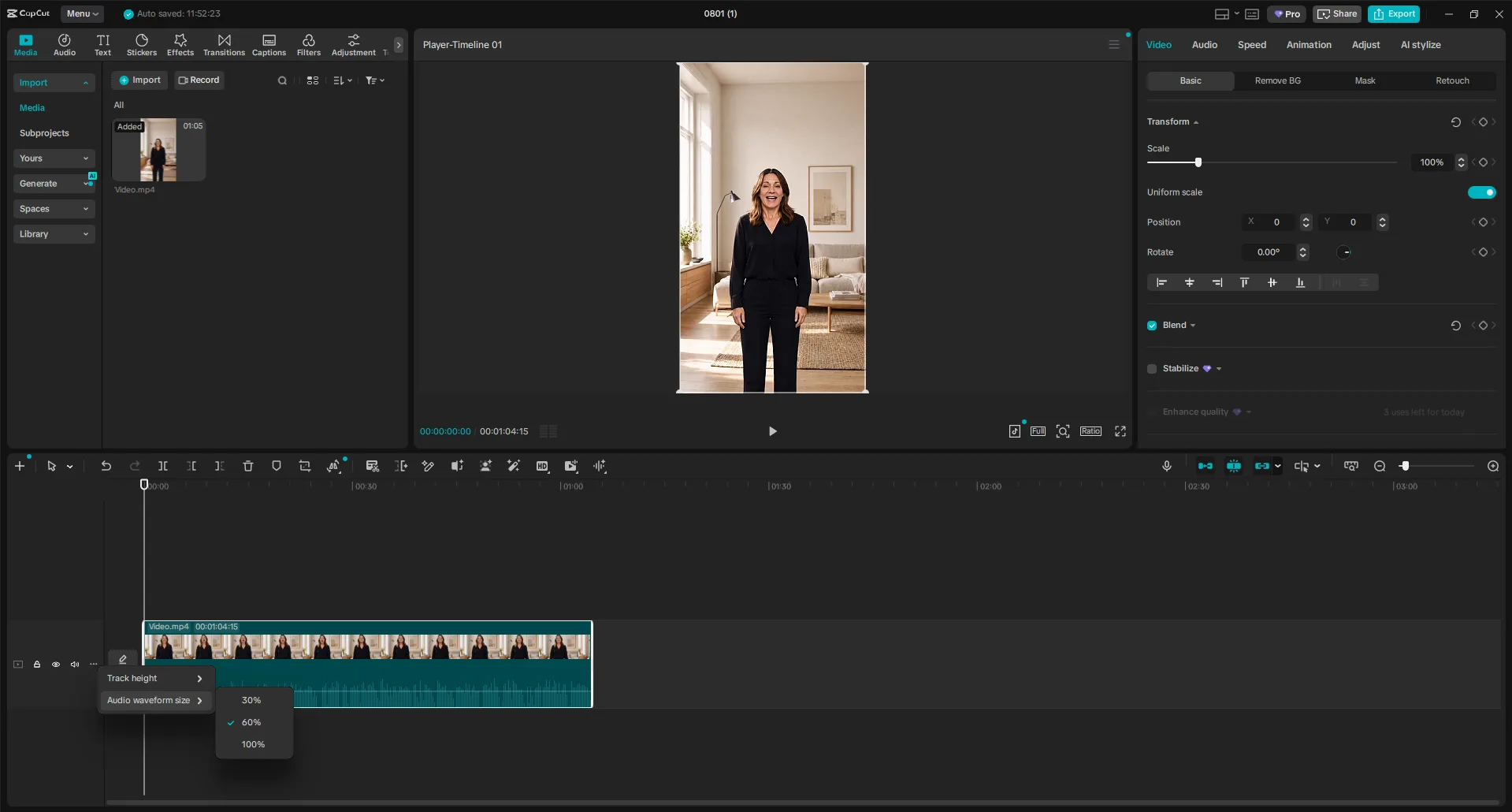 CapCut track settings menu open with Audio waveform size options of 30, 60 and 100 percent