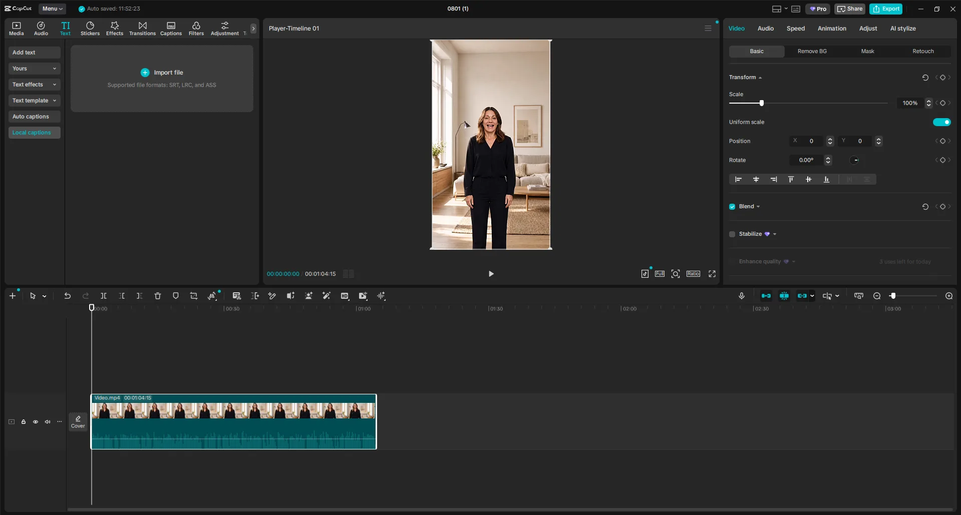 Local captions panel in CapCut showing the Import file area with supported formats SRT, LRC and ASS