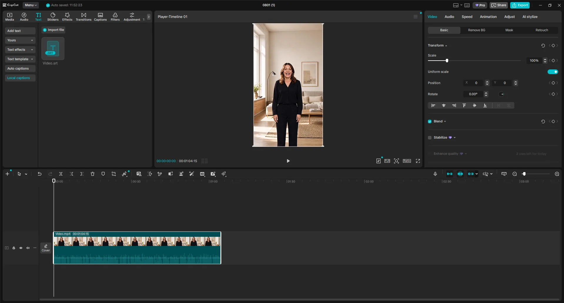 The imported Video.srt file shown as an item in CapCut's Local captions panel
