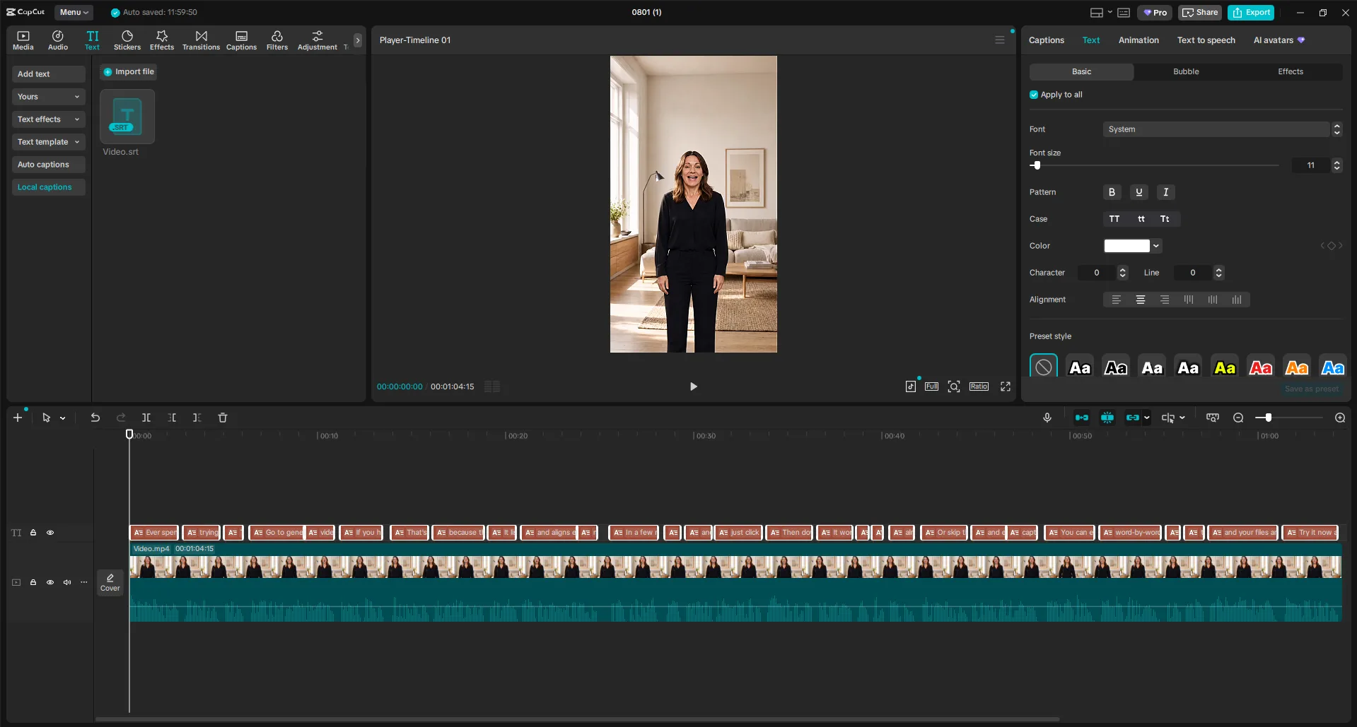 CapCut timeline with the imported subtitle cues on their own caption track above the video, and the text style panel open with Apply to all ticked