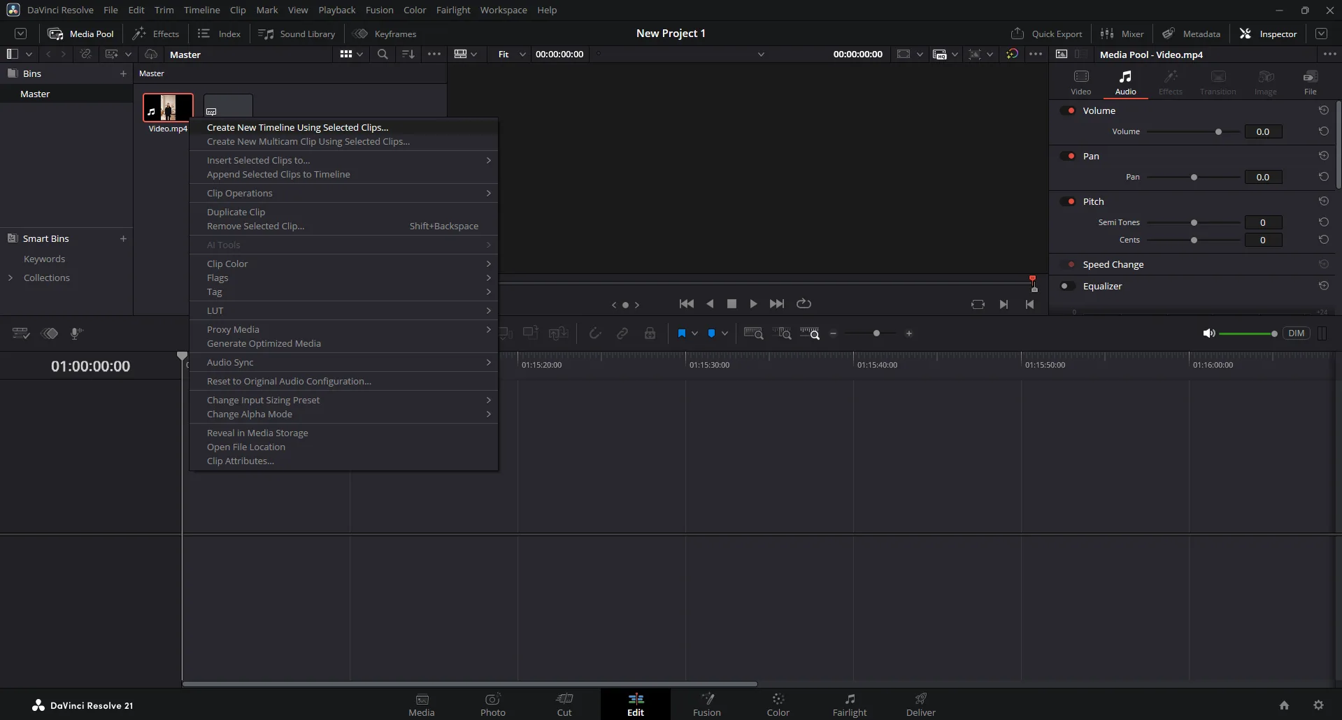 DaVinci Resolve Media Pool with the right-click menu open on a video clip and Create New Timeline Using Selected Clips highlighted