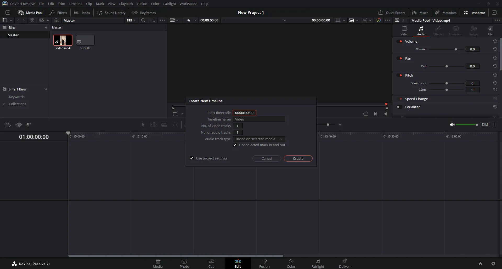 DaVinci Resolve Create New Timeline dialog with the start timecode field set to 00:00:00:00