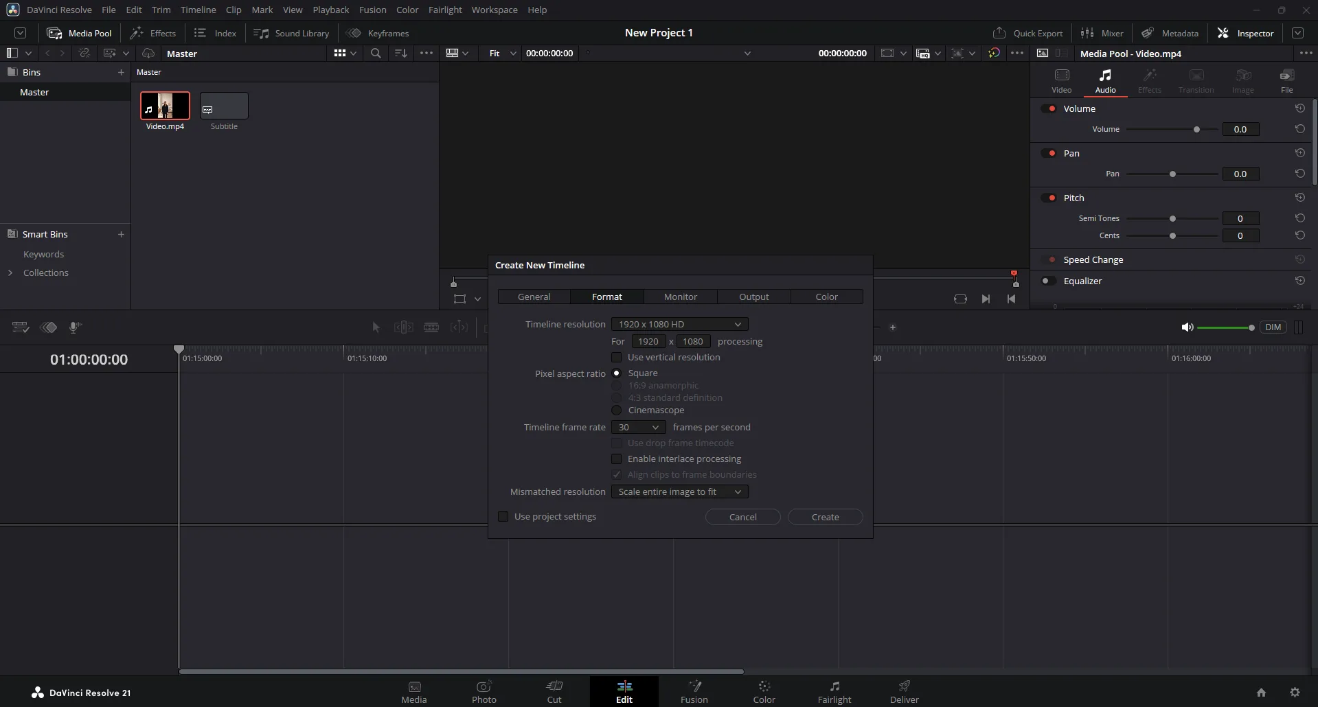 Format tab of the Create New Timeline dialog set to 1920 by 1080 at 30 frames per second
