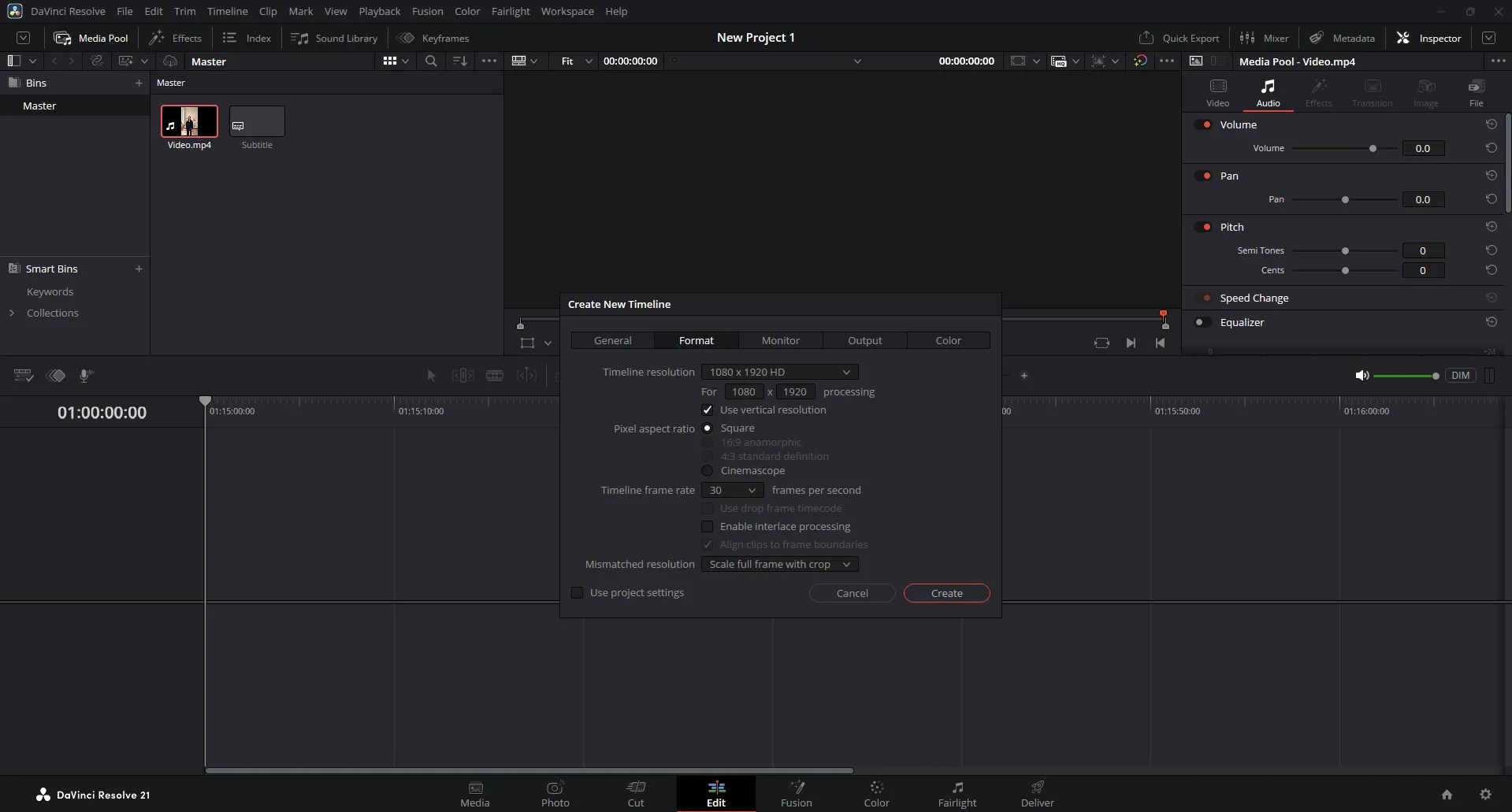 Format tab with Use vertical resolution ticked, giving a 1080 by 1920 portrait timeline