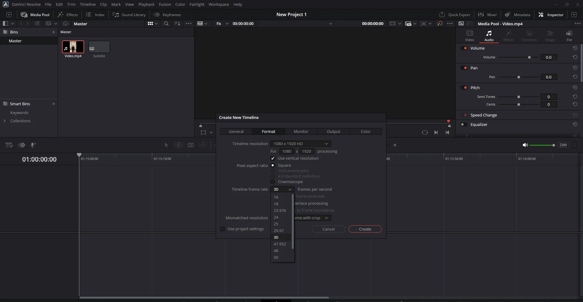 Timeline frame rate dropdown open in the Create New Timeline dialog, listing rates from 16 to 50 frames per second