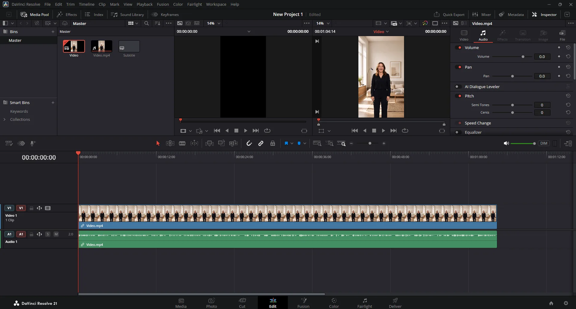 New DaVinci Resolve timeline with the video on track V1 and audio on track A1, ruler starting at zero