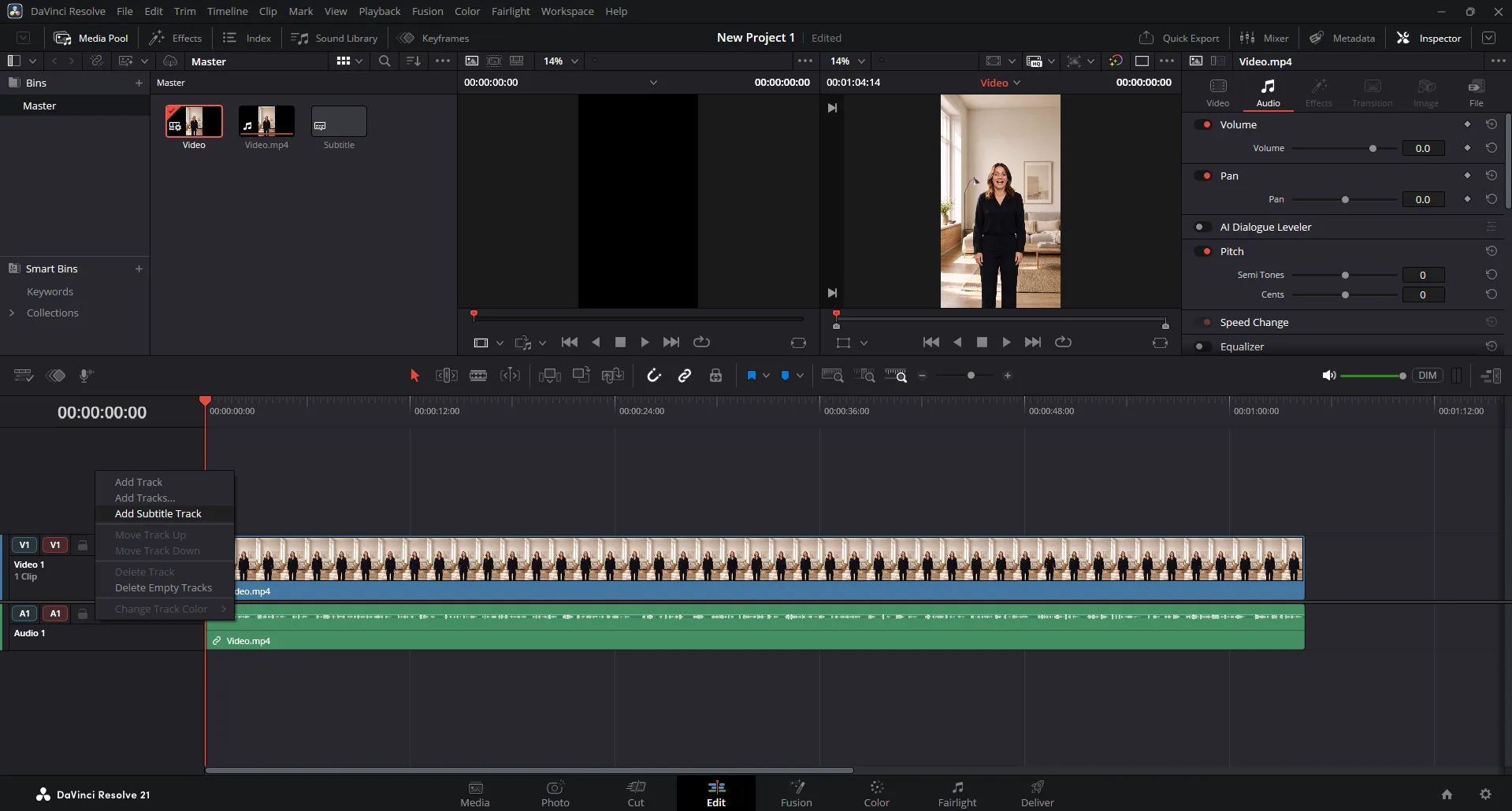 Track header right-click menu in DaVinci Resolve with Add Subtitle Track highlighted