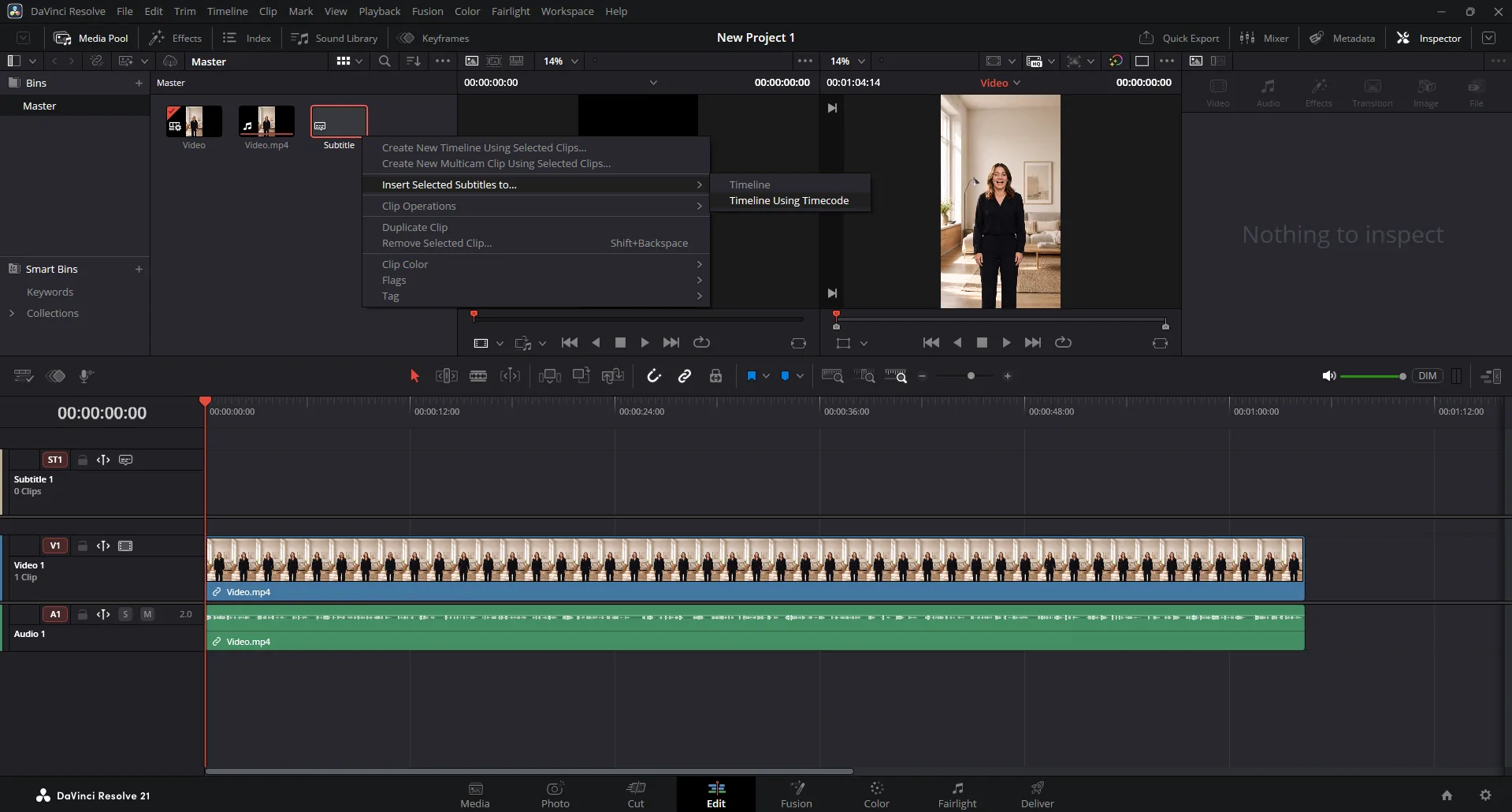 Right-click menu on the SRT in the Media Pool showing Insert Selected Subtitles to with the Timeline Using Timecode option