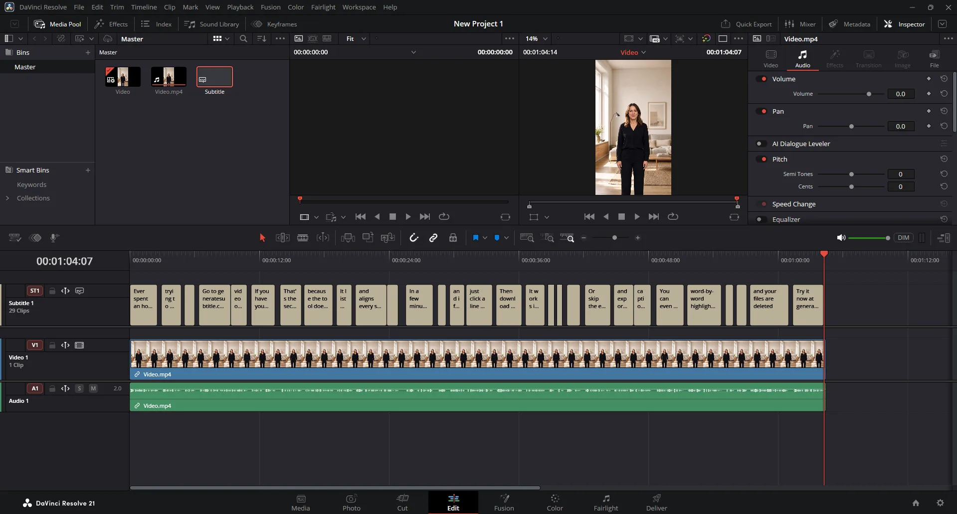 DaVinci Resolve timeline with the Subtitle 1 track filled with cues, each placed at its own timestamp above the video