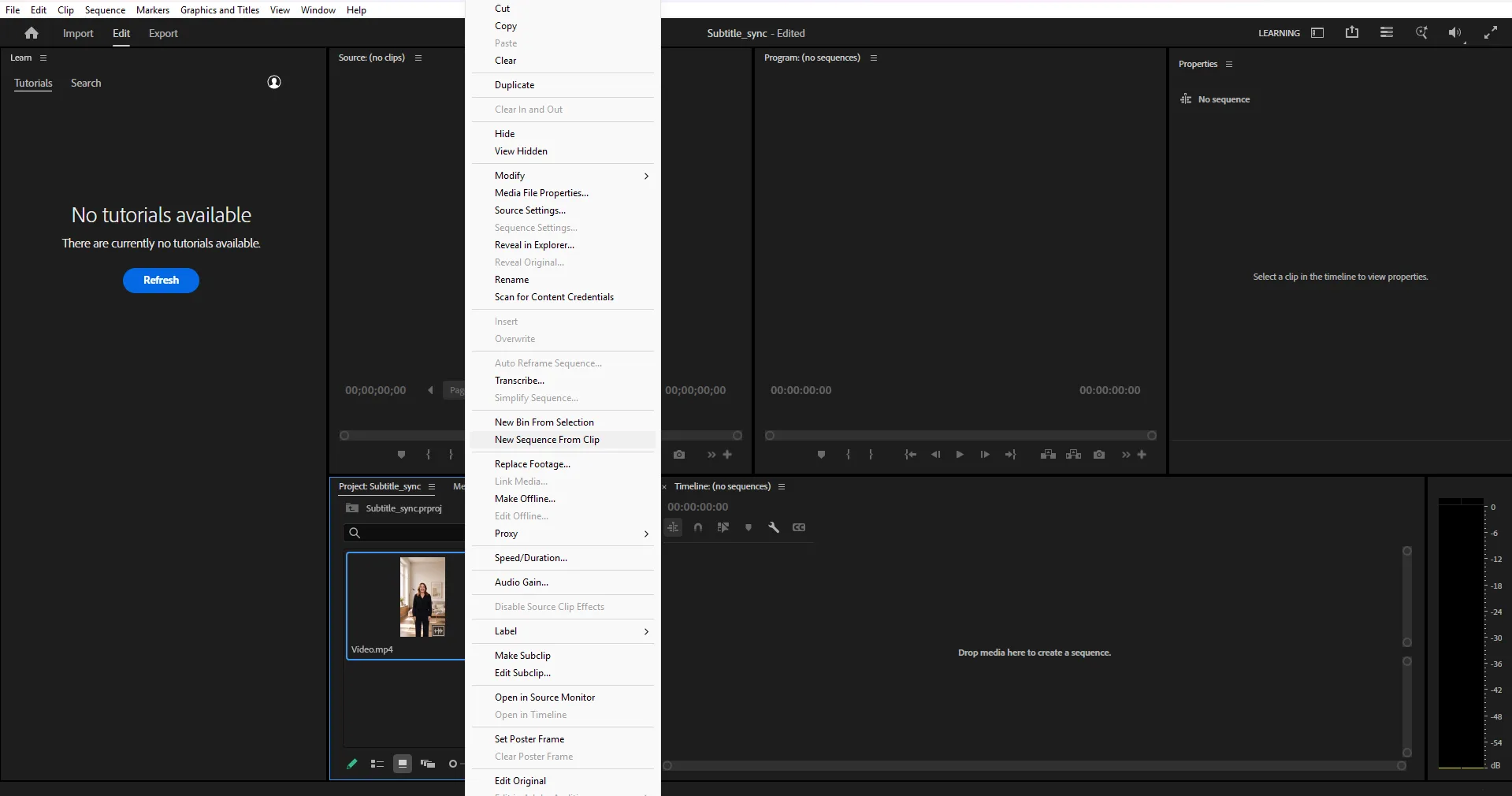 Right-click menu on a video in the Premiere Pro Project panel with New Sequence From Clip highlighted