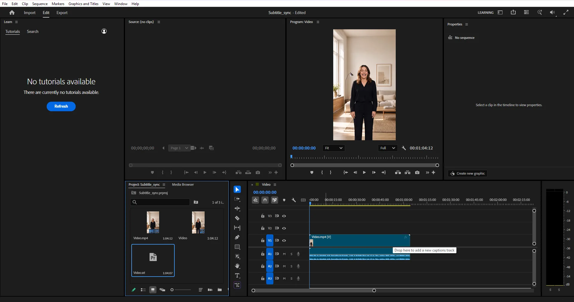 Dragging the SRT from the Premiere Pro Project panel onto the timeline, showing the drop zone labelled Drop here to add a new captions track