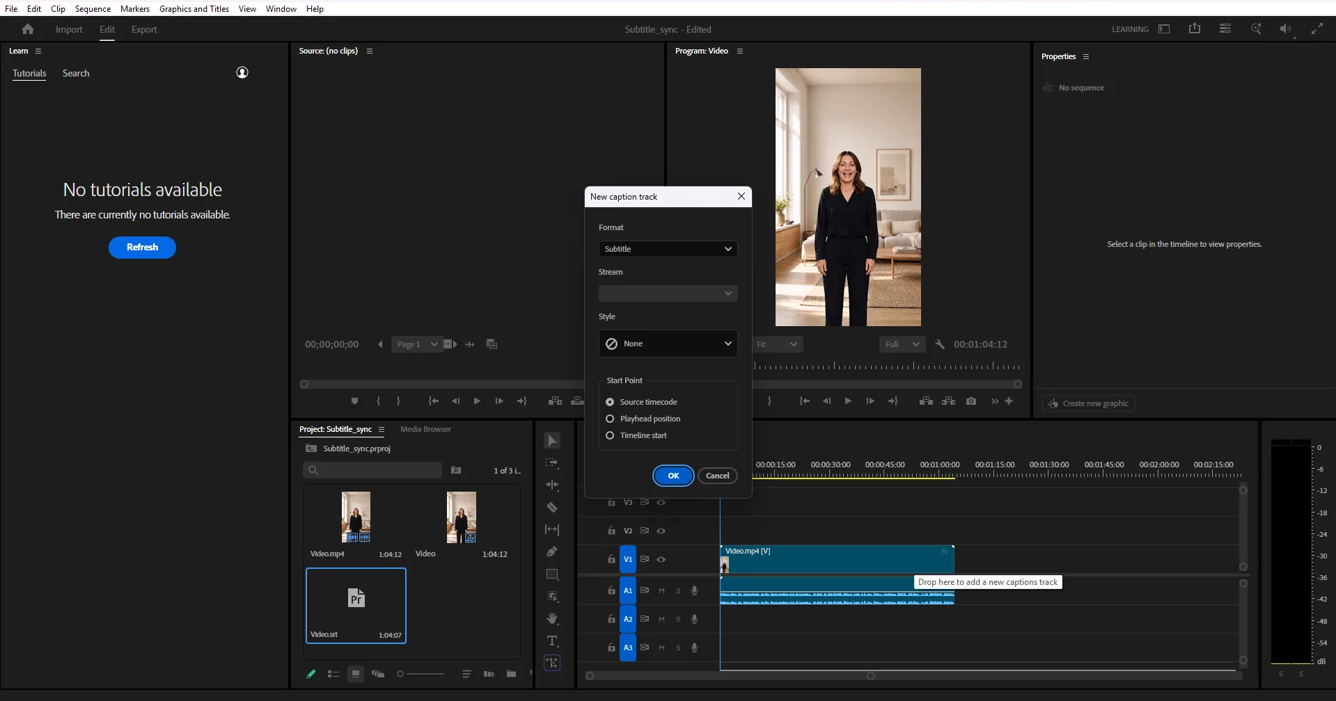 Premiere Pro New caption track dialog with Format set to Subtitle and Start Point set to Source timecode