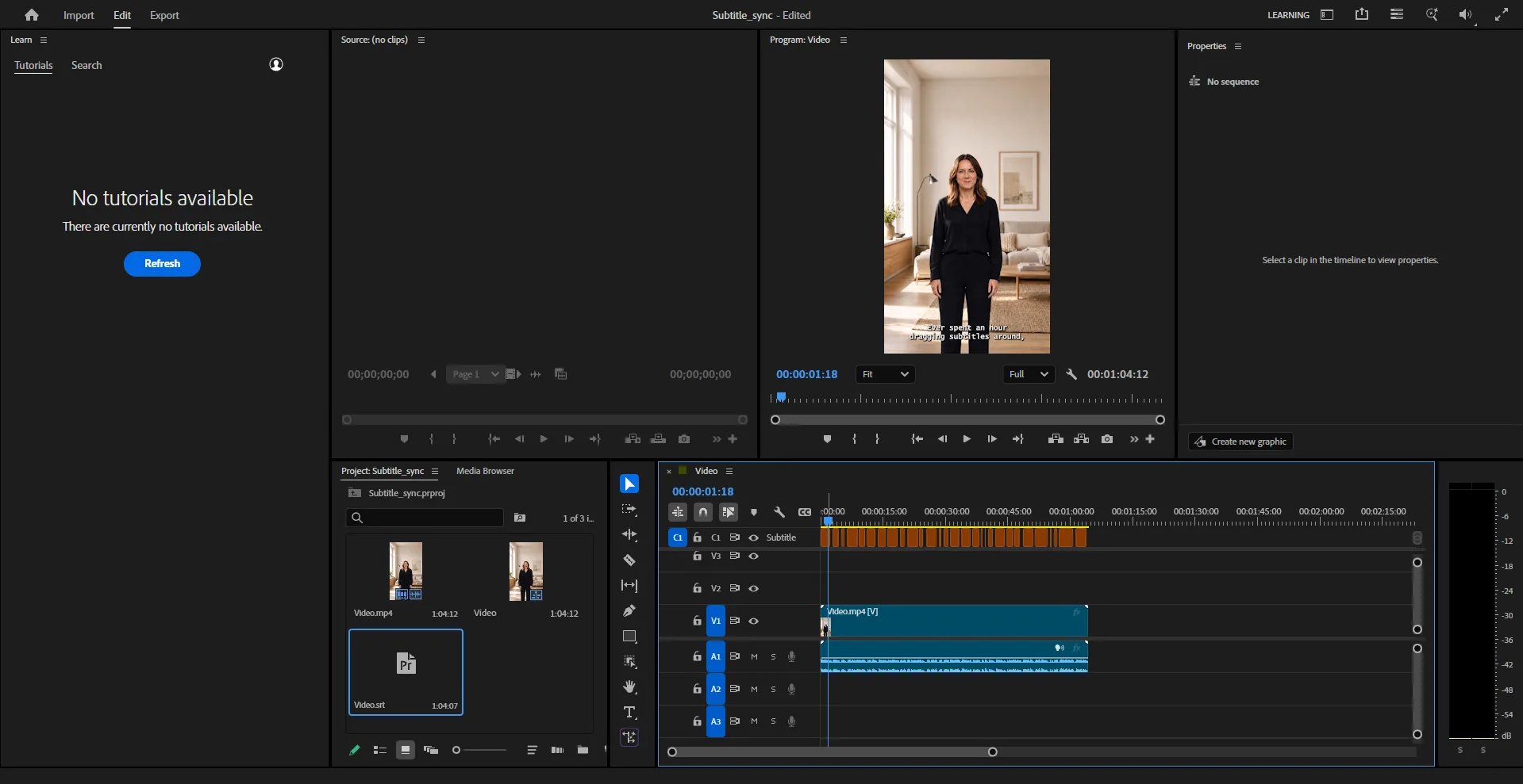Premiere Pro timeline with the imported subtitle cues on a caption track above the video and a subtitle showing in the Program monitor